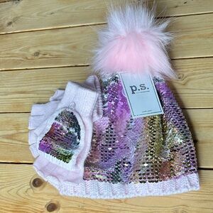P.S. From Aeropostale  Girls Beanie and Globs Set w/ Sequin  Faux Fur One Size